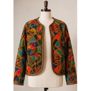 Abstract Patchwork Print‎ Cropped Quilted Jacket Retro Funky Handcrafted